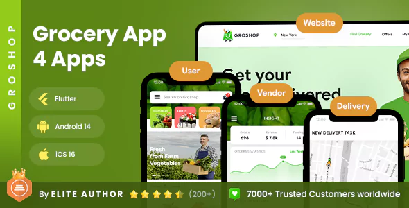 GroShop - Grocery Flutter App Template, 3 Apps, User App + Seller App + Delivery App
