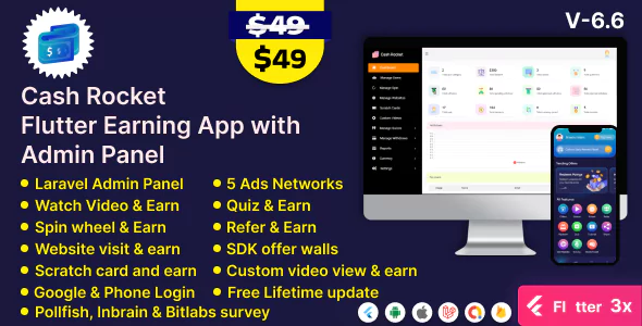 Cash Rocket - Flutter Online Earning App with Admin Panel